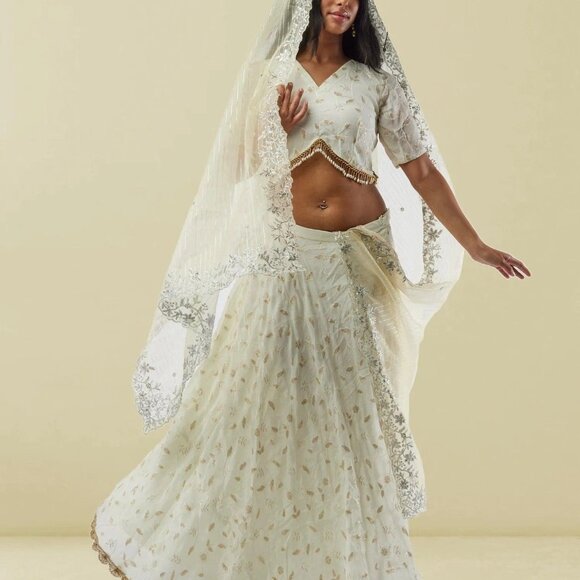 White Banarasi Georgette Lehenga with Lace | Muvvas Boutique - Picture 2 of 6